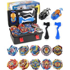 Bey Battling Burst Gyro Bay Blade Toy Set Portable Box Metal Fusion Attack Top Battle Game 10 Spinning Tops 2 Two-Way Launchers 2 Grips Gyro Toys Set Gifts for 8-12 Kids Children Boys Ages 6+