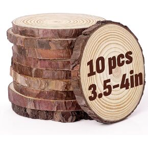 FUMILE Unfinished Natural Wood Slices 3.5-4 Inch, 10 PCS Round Wooden Discs with Tree Bark, Wood Rounds for Crafts Christmas Ornaments, Wood Circles for Rustic Wedding Decoration