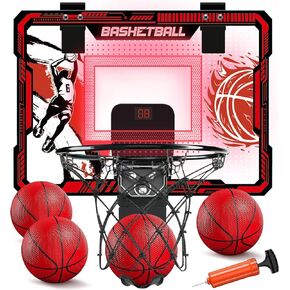 Basketball Hoop Indoor, Over The Door Basketball Hoops with LED Lighting, Mini Hoop with Electronic Scoreboard, 4 Balls & Pump, Basketball Gifts for 5 6 7 8 9 10 11 12 Year Old Boys Girls