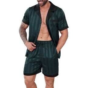 DEARCASE Mens Pajamas Set Satin Silk Pajama For Men Sleepwear Shorts Sexy Nightwear Button Down 2 Piece
