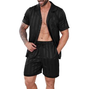 DEARCASE Mens Pajamas Set Satin Silk Pajama For Men Sleepwear Shorts Sexy Nightwear Button Down 2 Piece