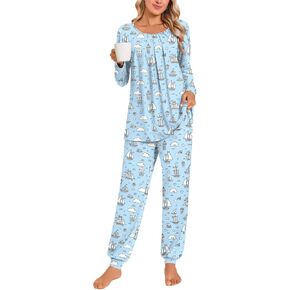 Anymeet Womens Pajama Sets Fall Winter Long Sleeve 2 Piece Sleepwear Soft Lounge Outfits with Pockets
