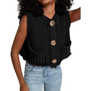 Women's Sleeveless Crochet Cardigan Vest Casual Fashion Button Down Open Front Sweater Vest with Pockets