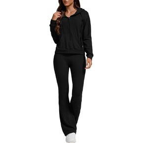 ZFLM Casual Workout Two Piece Outfits for Women Zip Up Hoodies High Waist Foldover Flare Pants Tracksuit Sets Streetwear