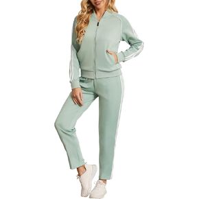 Women's Tracksuit 2 Piece Outfits Zip Striped Sportswear Long Sleeve Jogger Suits for Women with Pockets