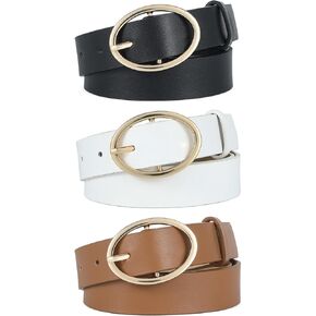 B-LT2 3 Pack Women's Leather Waist Belt with Gold Buckle for Jeans Dress Fashion Ladies Belt Black White Brown