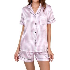 Silk Pajamas for Women Short Sleeve Shirt and Shorts Satin Button Down Loungewear 2 Piece Pjs Sleepwear Set