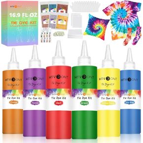 HTVRONT Large Tie Dye Kit - 16.9 oz Tye Dye Kit Pre-Filled Easy Squeeze Bottles & Refills Powder, 6 Vibrant Colors Permanent Non-Toxic Tie Dye Kit for Large Groups Kids Adults Party Activity