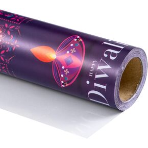 RUSPEPA Diwali Wrapping Paper Roll - Mini Roll - Purple Oil Lamp Pattern Great for Diwali, Holiday and Party - 17 Inches X 32.8 Feet