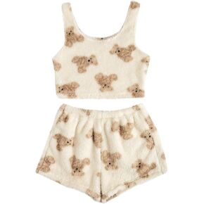 SHENHE Women's Fuzzy Pajamas Bear Print Puffy Tank and Shorts 2 Piece Cute Pajama Set