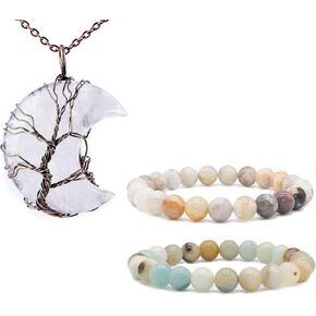 Bivei Natural Mala Beaded Bracelets Set with Life Tree Crystal Crescent Moon Necklace