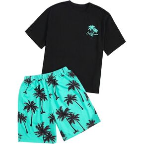 SOLY HUX Boy's 2 Piece Outfits Tropical Print Short Sleeve Tee Tops and Shorts Summer Vacation Set