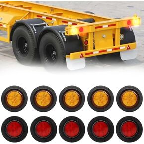 10 PCS 2" 5 Amber + 5 Red Round Sealed Trailer Clearance Marker Light, 4 LED Side Marker Light Cab Panel Light with Clear Lens, 12V