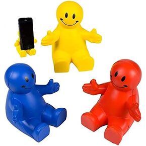 4" Fun Colorful Squeezable Smile Face Guy Phone Holders (3 Pack) Fun Phone Stand Desk Decor Smartphone Stand, Stress Relief Ball, Foam Fidget Toy. Great for kids and adults. Red, Blue and Yellow.