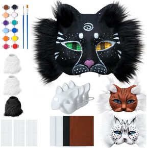 Felted Therian Mask, 3PCS Cat Mask Starter Kit, 3-Colored Felt and Eye Mesh for Therian Mask, DIY Fox Masks for Halloween Masquerade Party, White Blank Cat Masks for Painting, Animal Cosplay