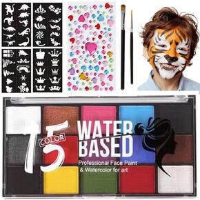 Face Painting Kit for Kids - 15 Color Large Water Based Makeup Paints with Stencils, 2 Brushes, Halloween Makeup Kit, Safe Professional Body & Face paint Kit