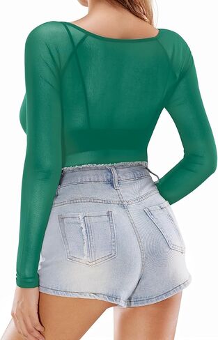 MANGOPOP Women's Mesh Tops Long Sleeve Sheer T Shirts See Through Blouse Bodycon Clubwear in Kuwait