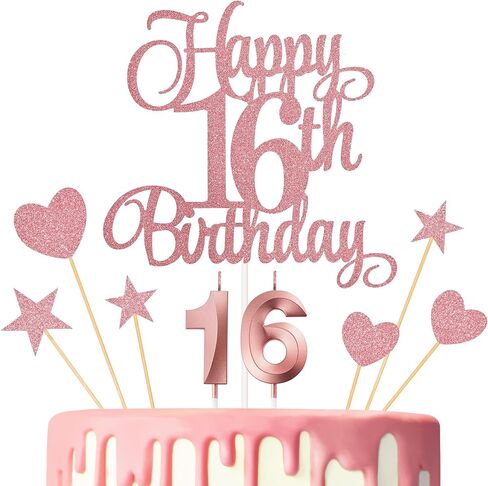 16th Birthday Cake Decorations, 16th Birthday Candles Cake Numeral Candles and Glitter Happy 16th Birthday Cake Toppers Set for Birthday Party Supplies (Rose Gold) in Kuwait