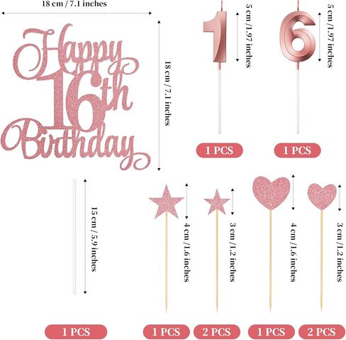 16th Birthday Cake Decorations, 16th Birthday Candles Cake Numeral Candles and Glitter Happy 16th Birthday Cake Toppers Set for Birthday Party Supplies (Rose Gold) in Kuwait