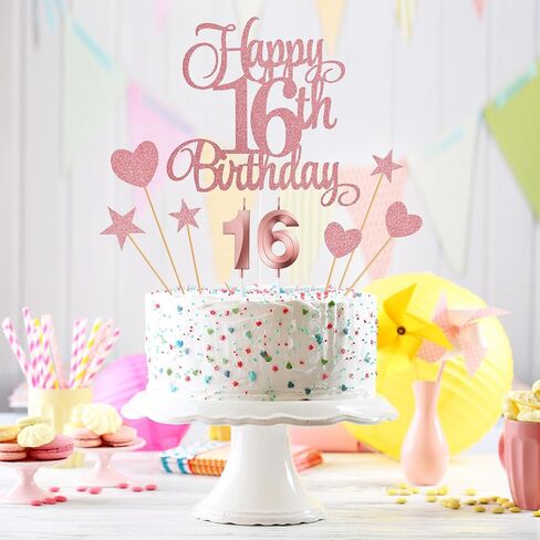 16th Birthday Cake Decorations, 16th Birthday Candles Cake Numeral Candles and Glitter Happy 16th Birthday Cake Toppers Set for Birthday Party Supplies (Rose Gold) in Kuwait
