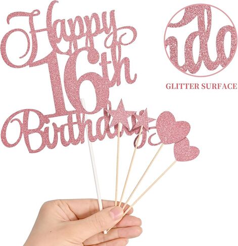 16th Birthday Cake Decorations, 16th Birthday Candles Cake Numeral Candles and Glitter Happy 16th Birthday Cake Toppers Set for Birthday Party Supplies (Rose Gold) in Kuwait