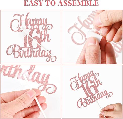 16th Birthday Cake Decorations, 16th Birthday Candles Cake Numeral Candles and Glitter Happy 16th Birthday Cake Toppers Set for Birthday Party Supplies (Rose Gold) in Kuwait