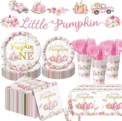 زينة عيد الميلاد الأول من Little Pumpkin - مجموعة ديكورات اليقطين الصغيرة الخاصة بنا تتحول إلى مجموعة واحدة تتضمن أطباق ومناديل وأكواب وشوك ومفرش طاولة ولافتة لديكورات عيد ميلاد اليقطين الخريفي، تكفي 24 شخصًا in Kuwait