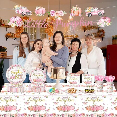 زينة عيد الميلاد الأول من Little Pumpkin - مجموعة ديكورات اليقطين الصغيرة الخاصة بنا تتحول إلى مجموعة واحدة تتضمن أطباق ومناديل وأكواب وشوك ومفرش طاولة ولافتة لديكورات عيد ميلاد اليقطين الخريفي، تكفي 24 شخصًا in Kuwait