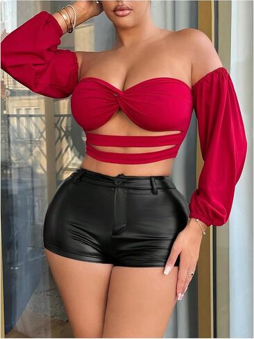 شورت نسائي من MakeMeChic مصنوع من جلد البولي يوريثان عالي الخصر ونحيف مع جيب in Saudi Arabia