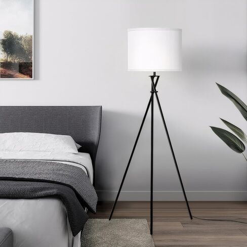 Tripod Floor Lamp, 61" Tall Floor Lamps, Standing Lamp with Rotary Switch, Modern Floor Lamp Simple Design with White Shade, Black Floor Lamps for Living Room, Bedroom, Office, Without Bulb in Saudi Arabia
