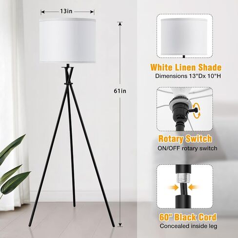 Tripod Floor Lamp, 61" Tall Floor Lamps, Standing Lamp with Rotary Switch, Modern Floor Lamp Simple Design with White Shade, Black Floor Lamps for Living Room, Bedroom, Office, Without Bulb in Saudi Arabia
