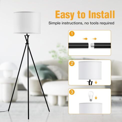 Tripod Floor Lamp, 61" Tall Floor Lamps, Standing Lamp with Rotary Switch, Modern Floor Lamp Simple Design with White Shade, Black Floor Lamps for Living Room, Bedroom, Office, Without Bulb in Saudi Arabia