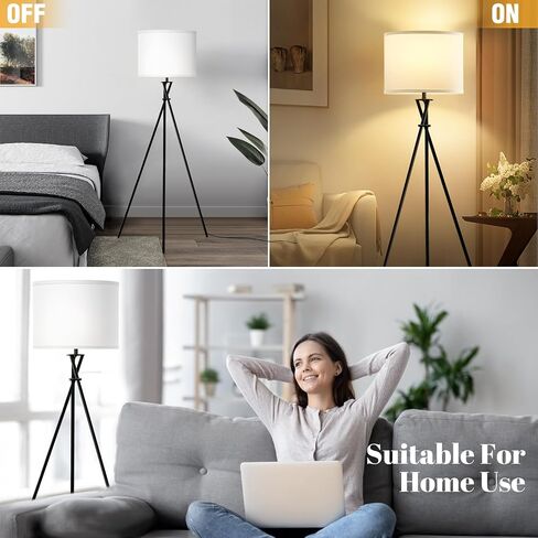 Tripod Floor Lamp, 61" Tall Floor Lamps, Standing Lamp with Rotary Switch, Modern Floor Lamp Simple Design with White Shade, Black Floor Lamps for Living Room, Bedroom, Office, Without Bulb in Saudi Arabia