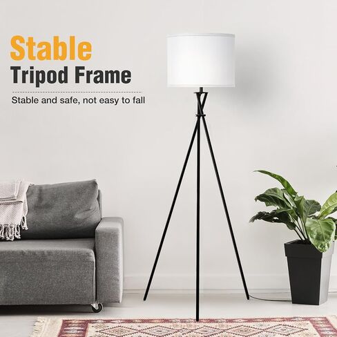 Tripod Floor Lamp, 61" Tall Floor Lamps, Standing Lamp with Rotary Switch, Modern Floor Lamp Simple Design with White Shade, Black Floor Lamps for Living Room, Bedroom, Office, Without Bulb in Saudi Arabia