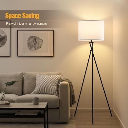 Tripod Floor Lamp, 61" Tall Floor Lamps, Standing Lamp with Rotary Switch, Modern Floor Lamp Simple Design with White Shade, Black Floor Lamps for Living Room, Bedroom, Office, Without Bulb in Saudi Arabia