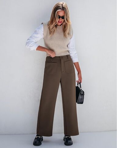 GRAPENT Wide Leg Pants Woman High Waisted Business Casual Elastic Waist Cropped Trouser Pockets Stretch Fall Knit Pants in Saudi Arabia