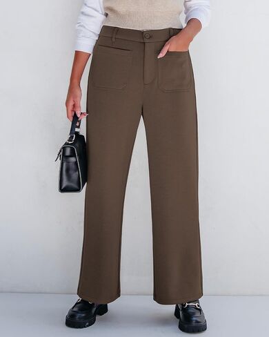 GRAPENT Wide Leg Pants Woman High Waisted Business Casual Elastic Waist Cropped Trouser Pockets Stretch Fall Knit Pants in Saudi Arabia