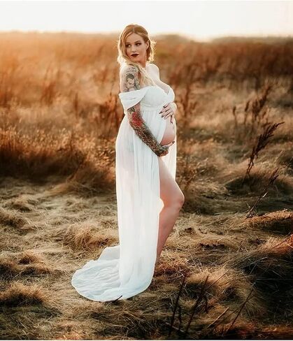 ORQ Women's Off Shoulder Chiffon Maternity Gown Lace Split Front Maxi Photoshoot Dress for Photography in Kuwait