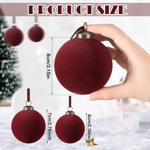 18 Pcs Christmas Velvet Christmas Balls Bulk Flocked Xmas Tree Ball Ornaments Plastic Velvet Christmas Ornaments Xmas Tree Hanging Decoration 2.36 Inch, 2.76 Inch, 3.15 Inch(Wine Red) in Saudi Arabia