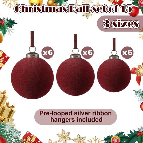 18 Pcs Christmas Velvet Christmas Balls Bulk Flocked Xmas Tree Ball Ornaments Plastic Velvet Christmas Ornaments Xmas Tree Hanging Decoration 2.36 Inch, 2.76 Inch, 3.15 Inch(Wine Red) in Saudi Arabia