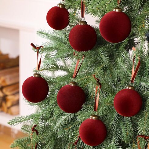 18 Pcs Christmas Velvet Christmas Balls Bulk Flocked Xmas Tree Ball Ornaments Plastic Velvet Christmas Ornaments Xmas Tree Hanging Decoration 2.36 Inch, 2.76 Inch, 3.15 Inch(Wine Red) in Saudi Arabia