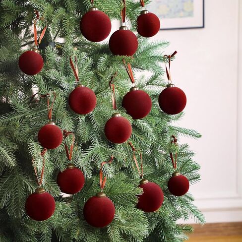 18 Pcs Christmas Velvet Christmas Balls Bulk Flocked Xmas Tree Ball Ornaments Plastic Velvet Christmas Ornaments Xmas Tree Hanging Decoration 2.36 Inch, 2.76 Inch, 3.15 Inch(Wine Red) in Saudi Arabia