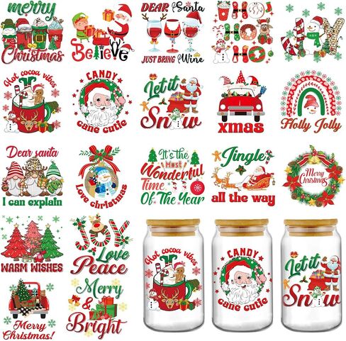 Christmas UV DTF Cup Wraps - 20 Sheets Winter Uvdtf Tumbler Wrap for 16 oz Glass Mugs Cups, Joy to The World Elk Snowflake Transfer Stickers for DIY Water Bottle Laptop Decorative Decal in Saudi Arabia