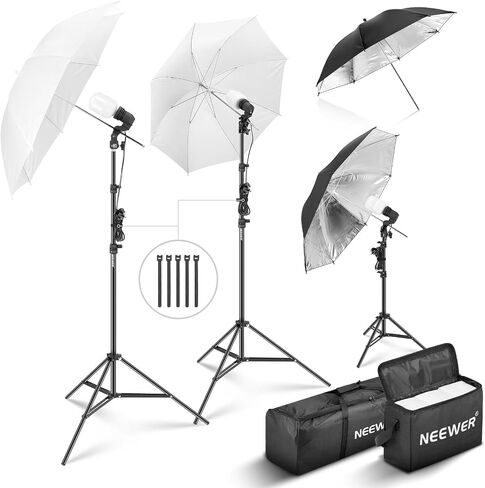 NEEWER 600W Photography Lighting Kit, Incandescent Equivalent Studio Kit with (2)White Umbrella, (2)Black Umbrella, (3)24W LED Bulb, (3)Light Stand, (2)Bag, (5)Cable Tie, (3)E26 Socket Base, NK500 in Saudi Arabia