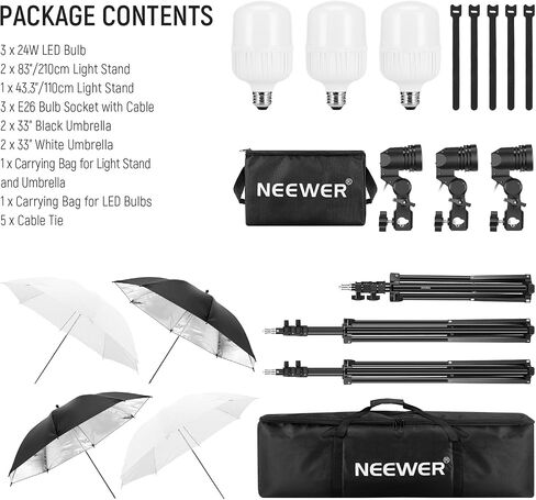 NEEWER 600W Photography Lighting Kit, Incandescent Equivalent Studio Kit with (2)White Umbrella, (2)Black Umbrella, (3)24W LED Bulb, (3)Light Stand, (2)Bag, (5)Cable Tie, (3)E26 Socket Base, NK500 in Saudi Arabia