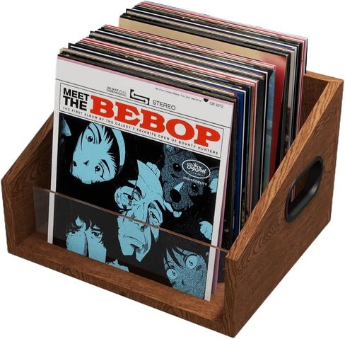 Vinyl Record Storage Holder, Trapezoidal LP Vinyl Record Crate with Handle, Wood & Metal Album Storage Desktop Organizer Box for Books Files, Rustic Brown in Saudi Arabia