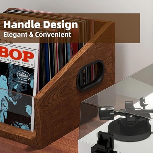Vinyl Record Storage Holder, Trapezoidal LP Vinyl Record Crate with Handle, Wood & Metal Album Storage Desktop Organizer Box for Books Files, Rustic Brown in Saudi Arabia