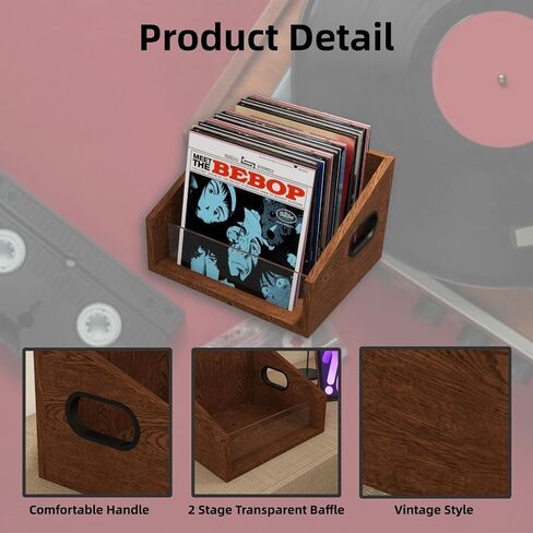 Vinyl Record Storage Holder, Trapezoidal LP Vinyl Record Crate with Handle, Wood & Metal Album Storage Desktop Organizer Box for Books Files, Rustic Brown in Saudi Arabia