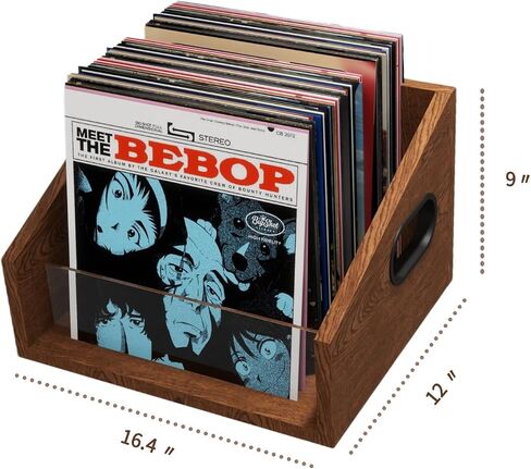 Vinyl Record Storage Holder, Trapezoidal LP Vinyl Record Crate with Handle, Wood & Metal Album Storage Desktop Organizer Box for Books Files, Rustic Brown in Saudi Arabia