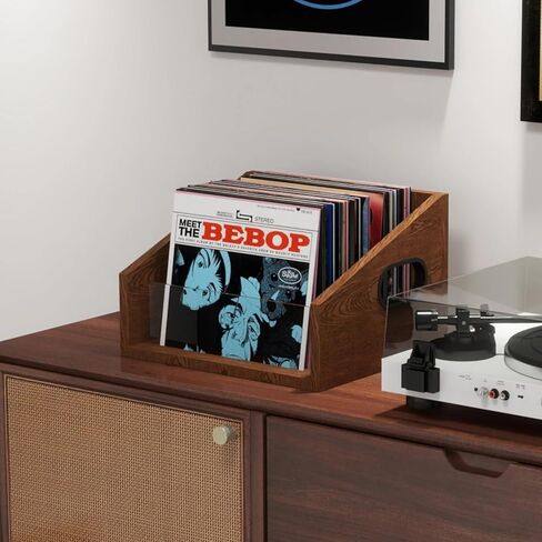 Vinyl Record Storage Holder, Trapezoidal LP Vinyl Record Crate with Handle, Wood & Metal Album Storage Desktop Organizer Box for Books Files, Rustic Brown in Saudi Arabia